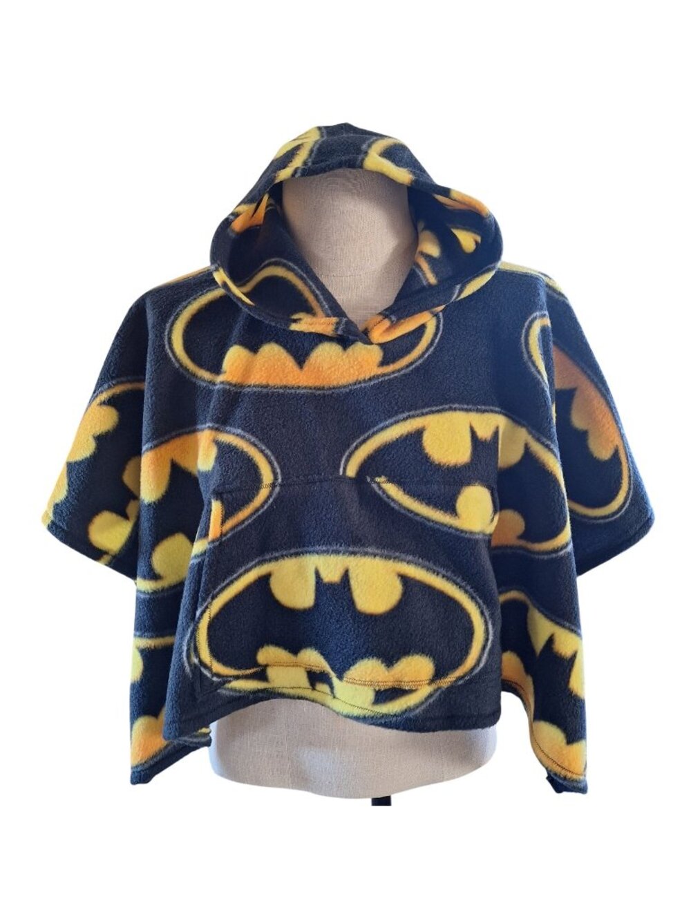 Handmade Batman Kids Fleece Poncho With Hood & Pocket Car Seat Black Yellow